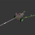 Vintage Green Military Cannon with Long Barrel Towed Carriage and Wheels Design